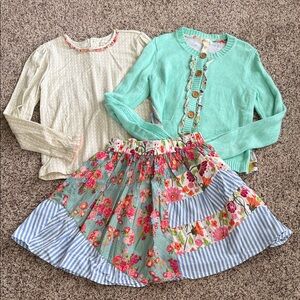 Matilda Jane Girls Floral Patchwork Skirt with Mint Cardigan & Cream Top. Sz 8.